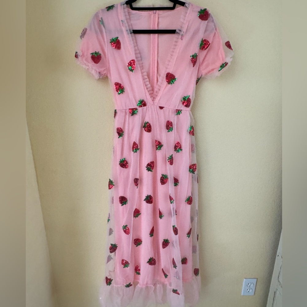 Pink Strawberry Embroidered Maxi Dress